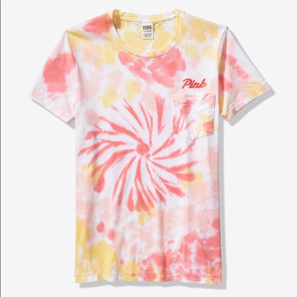 💕VS PINK CORAL ORANGE TIE DYE CAMPUS TEE SHIRT - Picture 2 of 3